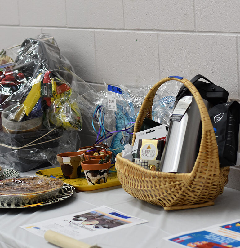 Auction prize items sitting on a table