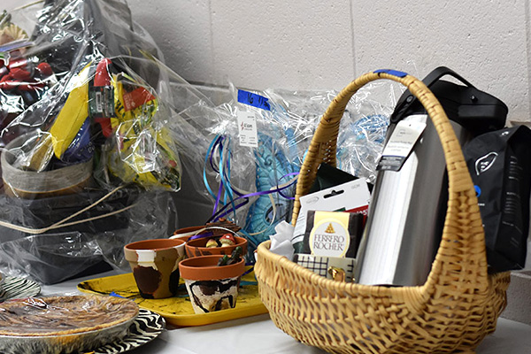 Auction prize items on a table
